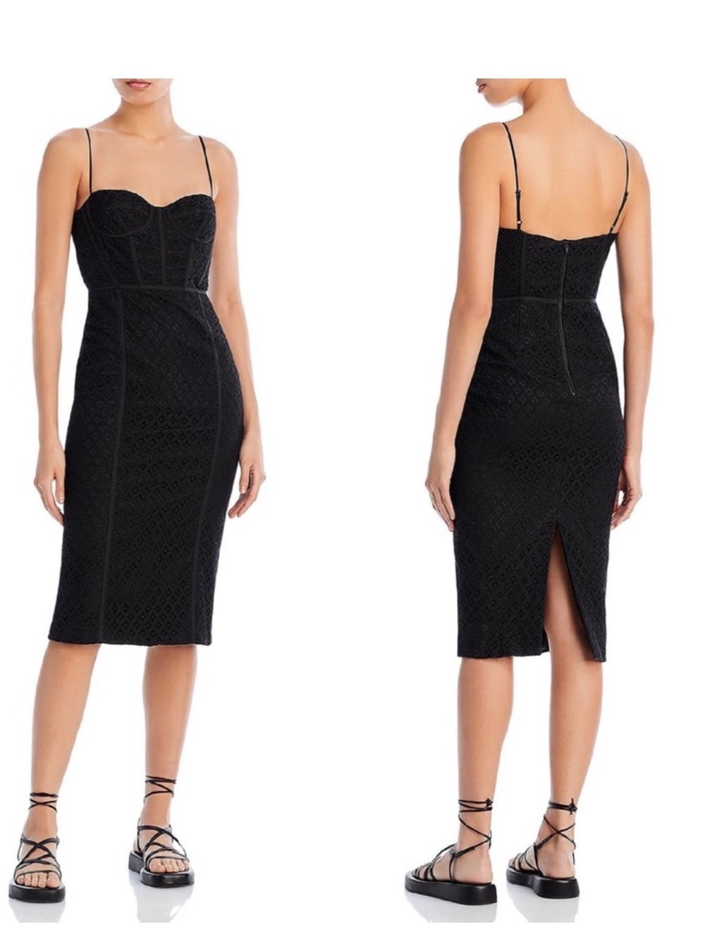 Bardot Black Lace Midi Dress with Spaghetti Straps